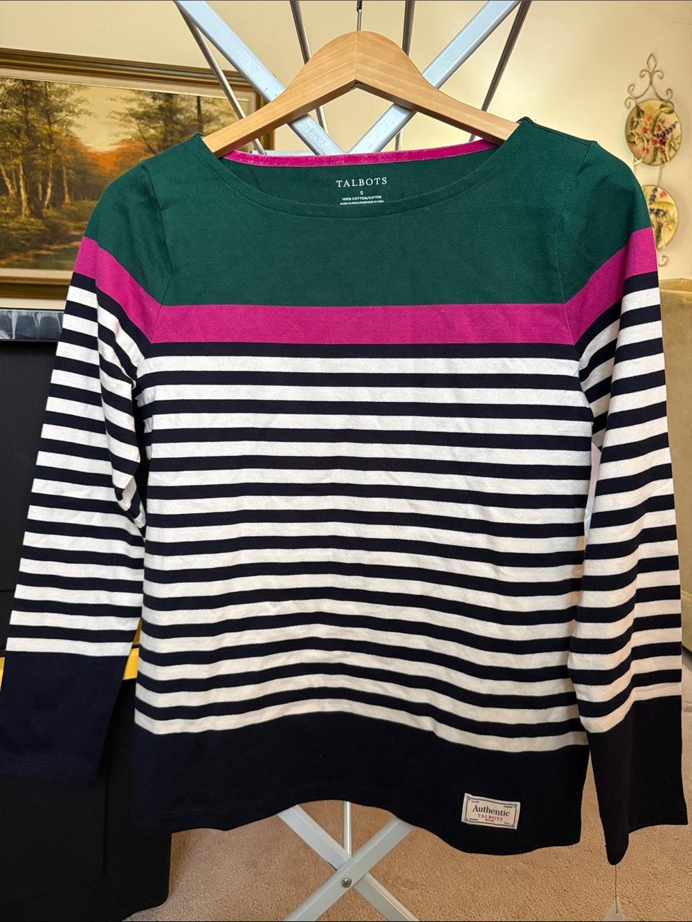 Talbots Navy, White, Green & Pink Striped Cotton Boatneck Top